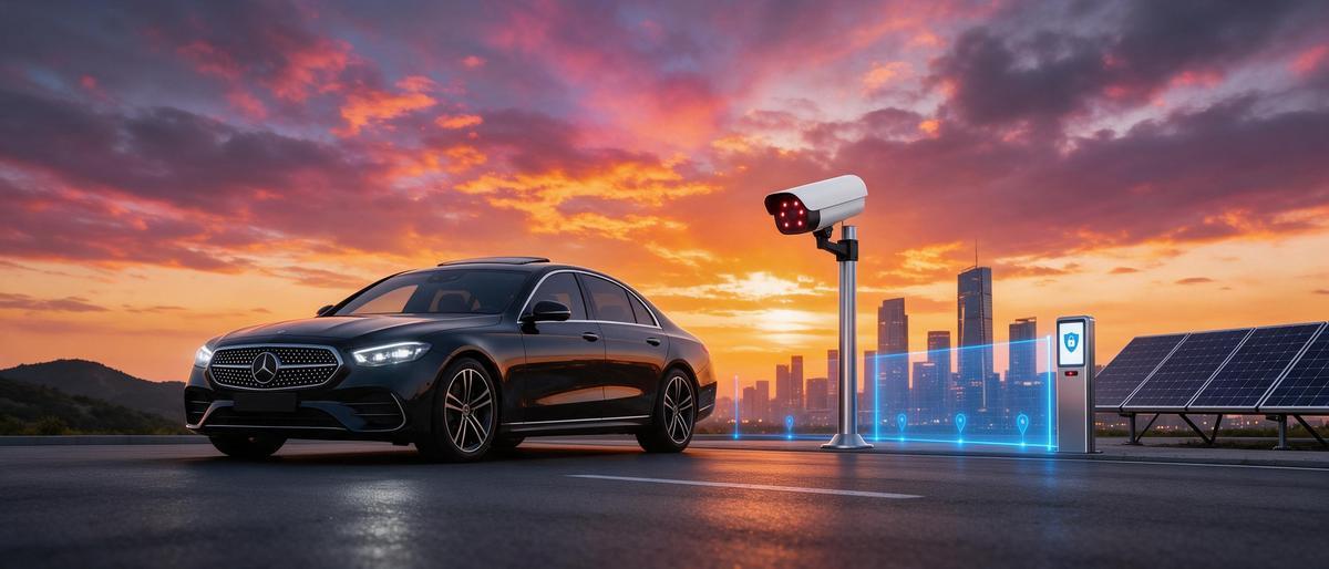 ShieldX hero — Benz, CCTV, solar at sunset